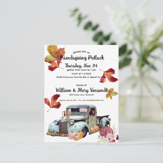 Rustic Autumn Blue Truck Friendsgiving Potluck Briefkaart (Staand voorkant)