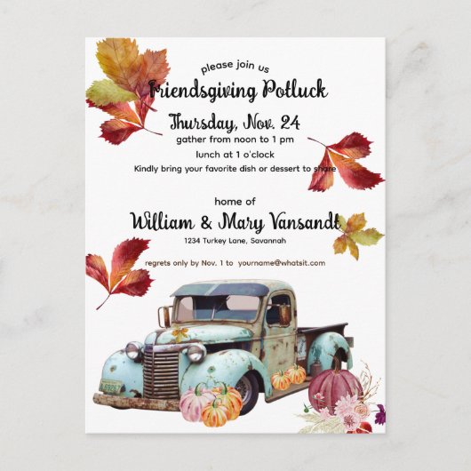Rustic Autumn Blue Truck Friendsgiving Potluck Briefkaart (Voorkant)