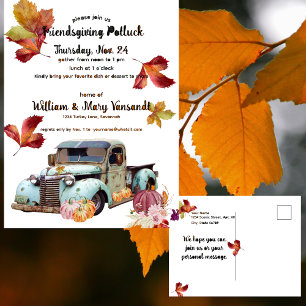Rustic Autumn Blue Truck Friendsgiving Potluck Briefkaart