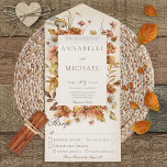 Rustic Autumn Blush Wildbloemen Ivory Dinner All In One Uitnodiging<br><div class="desc">OOK BESCHIKBAAR MET EEN QR-CODE OM IN HET RSVP-GEBIED TE SCAN. Dit eenvoudige maar elegante ontwerp heeft een lijst herfstbloemen op een zachte witte blauwe bekleding op een achtergrond van ivoor crème. De voorflap bevat de bruid en de eerste initialen van de bruidegom. De gepersonaliseerde alle-in-één uitnodigingen zijn een unieke...</div>