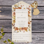 Rustic Autumn Blush Wildbloemen Ivory No Dinner All In One Uitnodiging<br><div class="desc">OOK BESCHIKBAAR MET EEN QR-CODE OM IN HET RSVP-GEBIED TE SCAN. Dit eenvoudige maar elegante ontwerp heeft een lijst herfstbloemen op een zachte witte blauwe bekleding op een achtergrond van ivoor crème. De voorflap bevat de bruid en de eerste initialen van de bruidegom. Dit ontwerp is beschikbaar met of zonder...</div>