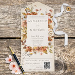 Rustic Autumn Blush Wildbloemen Ivory QR Code All In One Uitnodiging<br><div class="desc">BESCHIKBAAR MET OF ZONDER EEN QR-CODE OM IN HET RSVP-GEBIED TE SCAN. Dit eenvoudige maar elegante ontwerp heeft een lijst van boho herfstbloemen op een zachte witte blauwe bedekking op een achtergrond van ivoorcrème. De voorflap bevat de bruid en de eerste initialen van de bruidegom. Dit ontwerp is beschikbaar met...</div>