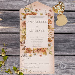 Rustic Autumn Blush Wildbloemen Peach No Dinner All In One Uitnodiging<br><div class="desc">OOK BESCHIKBAAR MET EEN QR-CODE OM IN HET RSVP-GEBIED TE SCAN. Dit eenvoudige maar elegante ontwerp heeft een lijst herfstbloemen op een zachte witte blauwe bedekking op een perzikzwarte achtergrond. De voorflap bevat de bruid en de eerste initialen van de bruidegom. Dit ontwerp is beschikbaar met of zonder maaltijdopties bij...</div>