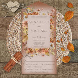 Rustic Autumn Blush Wildbloemen Rust Dinner All In One Uitnodiging<br><div class="desc">OOK BESCHIKBAAR MET EEN QR-CODE OM IN HET RSVP-GEBIED TE SCAN. Dit eenvoudige maar elegante ontwerp heeft een lijst van herfstbloemen op een zachte witte blauwe bekleding op een roestachtergrond. De voorflap bevat de bruid en de eerste initialen van de bruidegom. De gepersonaliseerde alle-in-één uitnodigingen zijn een unieke combinatie van...</div>