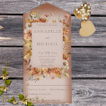 Rustic Autumn Blush Wildbloemen Rust No Dinner All In One Uitnodiging<br><div class="desc">OOK BESCHIKBAAR MET EEN QR-CODE OM IN HET RSVP-GEBIED TE SCAN. Dit eenvoudige maar elegante ontwerp heeft een lijst van herfstbloemen op een zachte witte blauwe bekleding op een roestachtergrond. De voorflap bevat de bruid en de eerste initialen van de bruidegom. Beschikbaar met of zonder maaltijdopties bij Eenvoudig Farmhouse Press...</div>