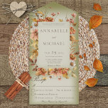 Rustic Autumn Blush Wildflower Green Dinner All In One Uitnodiging<br><div class="desc">OOK BESCHIKBAAR MET EEN QR-CODE OM IN HET RSVP-GEBIED TE SCAN. Dit eenvoudige maar elegante ontwerp heeft een lijst van herfstbloemen op een zachte witte blauwe bedekking op een olijfgroene achtergrond. De voorflap bevat de bruid en de eerste initialen van de bruidegom. De gepersonaliseerde alle-in-één uitnodigingen zijn een unieke combinatie...</div>