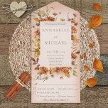 Rustic Autumn Blush Wildflower Peach Dinner All In One Uitnodiging<br><div class="desc">OOK BESCHIKBAAR MET EEN QR-CODE OM IN HET RSVP-GEBIED TE SCAN. Dit eenvoudige maar elegante ontwerp heeft een lijst herfstbloemen op een zachte witte blauwe bedekking op een perzikzwarte achtergrond. De voorflap bevat de bruid en de eerste initialen van de bruidegom. De gepersonaliseerde alle-in-één uitnodigingen zijn een unieke combinatie van...</div>