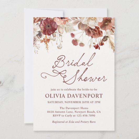 Rustic Autumn Burgundy Floral Fall Bridal Shower Kaart (Voorkant)