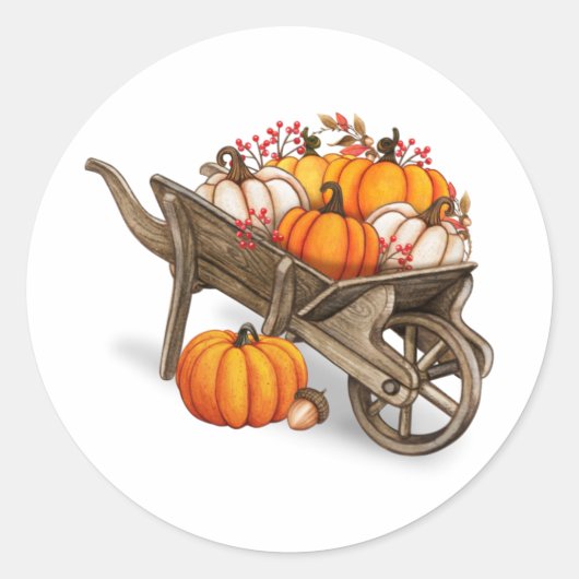 Rustic Autumn Country Wooden Wagon met pompoenen Ronde Sticker (Voorkant)