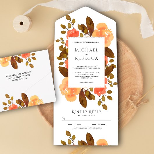Rustic Autumn Earthy Tones Oranje Floral Wedding All In One Uitnodiging