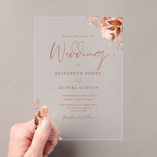 Rustic Autumn Fall Floral Script Wedding Acryl Uitnodigingen (Insitu (Draagbaar))