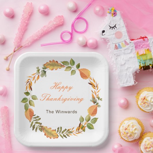 Rustic Autumn Fall Leaves Square Thanksgiving Papieren Bordje (Feest)