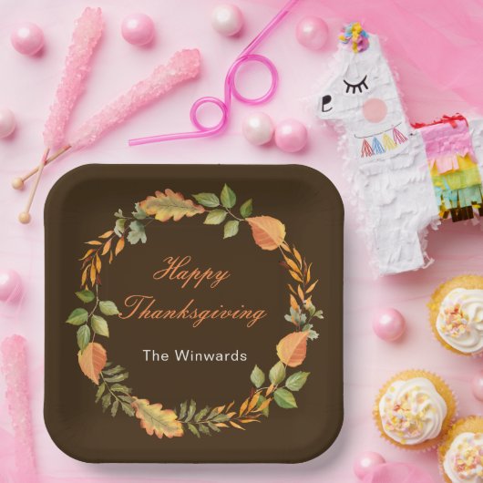 Rustic Autumn Fall Leaves Square Thanksgiving  Papieren Bordje (Feest)