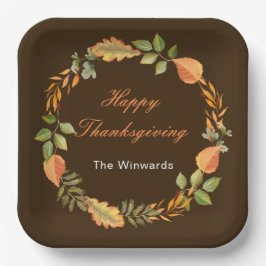 Rustic Autumn Fall Leaves Square Thanksgiving  Papieren Bordje