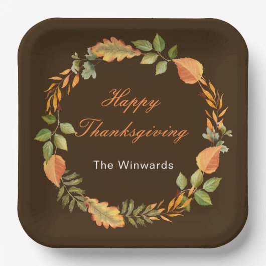 Rustic Autumn Fall Leaves Square Thanksgiving Papieren Bordje (Voorkant)