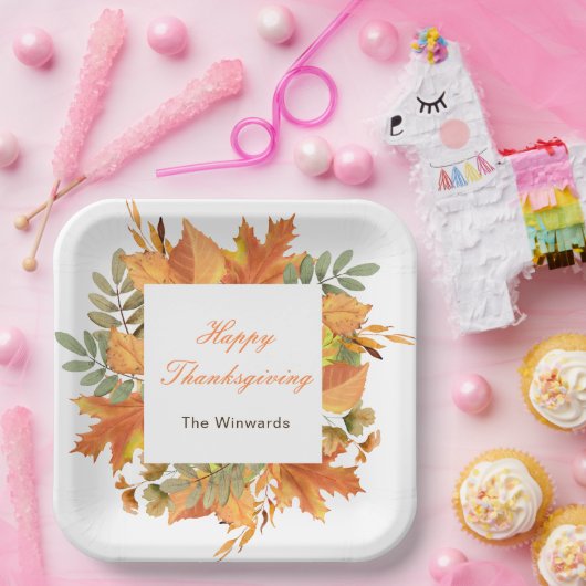 Rustic Autumn Fall Leaves Square Thanksgiving  Papieren Bordje (Feest)