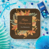 Rustic Autumn Fall Leaves Square Thanksgiving Papieren Bordje (Feest)