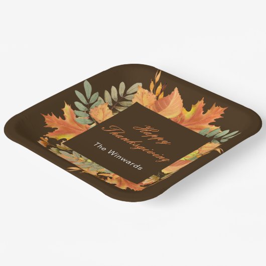 Rustic Autumn Fall Leaves Square Thanksgiving Papieren Bordje (Gebogen)