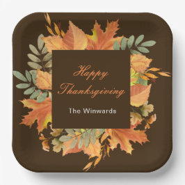 Rustic Autumn Fall Leaves Square Thanksgiving  Papieren Bordje