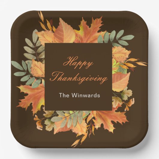 Rustic Autumn Fall Leaves Square Thanksgiving Papieren Bordje (Voorkant)