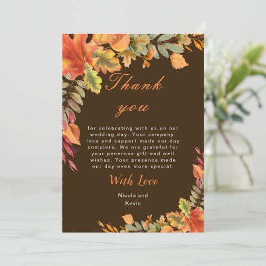 Rustic Autumn Fall Leaves Wedding Bedankkaart (Staand voorkant)