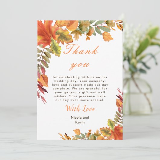 Rustic Autumn Fall Leaves Wedding Bedankkaart (Staand voorkant)