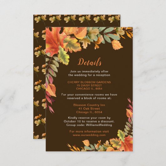 Rustic Autumn Fall Leaves Wedding Details Informatiekaartje (Voorkant / Achterkant)