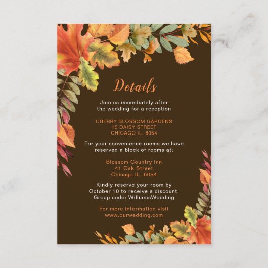 Rustic Autumn Fall Leaves Wedding Details Informatiekaartje (Voorkant)
