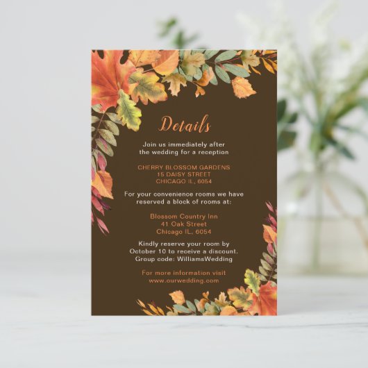 Rustic Autumn Fall Leaves Wedding Details Informatiekaartje (Staand voorkant)
