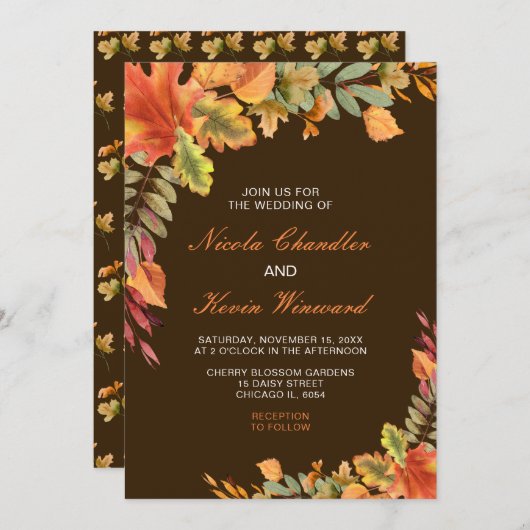 Rustic Autumn Fall Leaves Wedding Kaart (Voorkant / Achterkant)