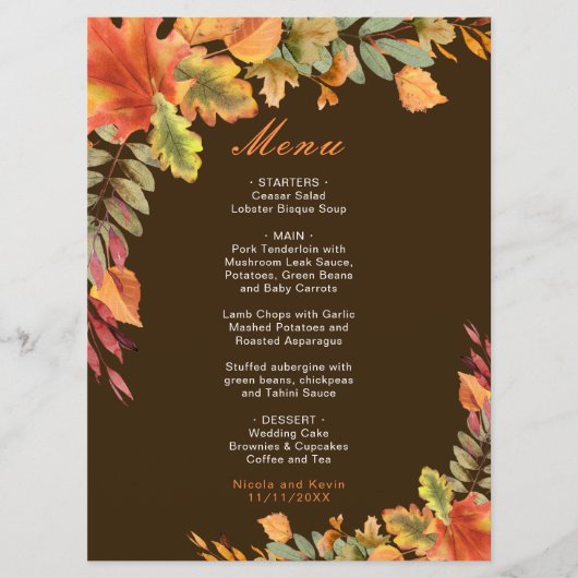 Rustic Autumn Fall Leaves Wedding Menu (Voorkant)