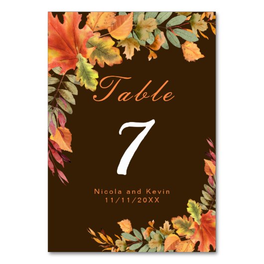 Rustic Autumn Fall Leaves Wedding Table Number Kaart (Voorkant)