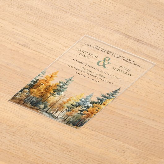 Rustic Autumn Fall Pine Trees Wedding Acryl Uitnodigingen (Laagn)