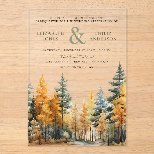 Rustic Autumn Fall Pine Trees Wedding Acryl Uitnodigingen (Voorkant)