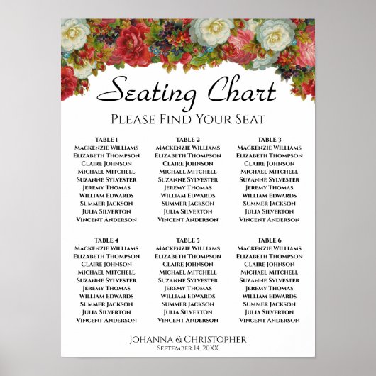 Rustic Autumn Floral 6 Table Wedding Seating Chart Poster (Voorkant)