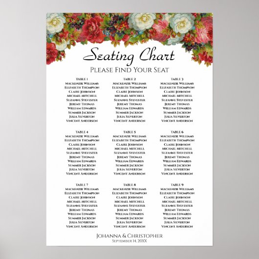 Rustic Autumn Floral 9 Table Wedding Seating Chart Poster (Voorkant)
