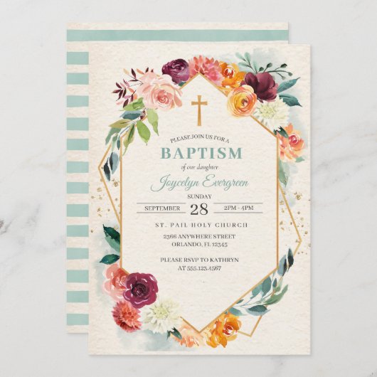 Rustic Autumn Floral Baptism Invitation Kaart (Voorkant / Achterkant)