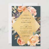 Rustic Autumn Floral Gold Lijst Fall Wedding Kaart (Voorkant)