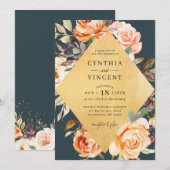 Rustic Autumn Floral Gold Lijst Fall Wedding Kaart (Voorkant / Achterkant)