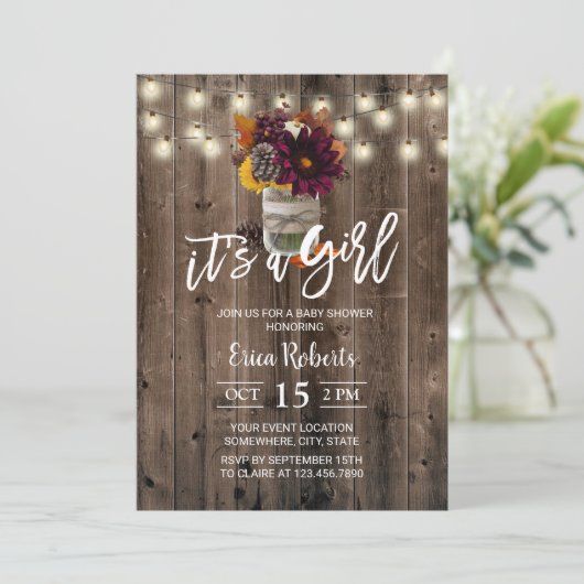 Rustic Autumn Floral Jar Barn Girl Baby shower Kaart (Staand voorkant)