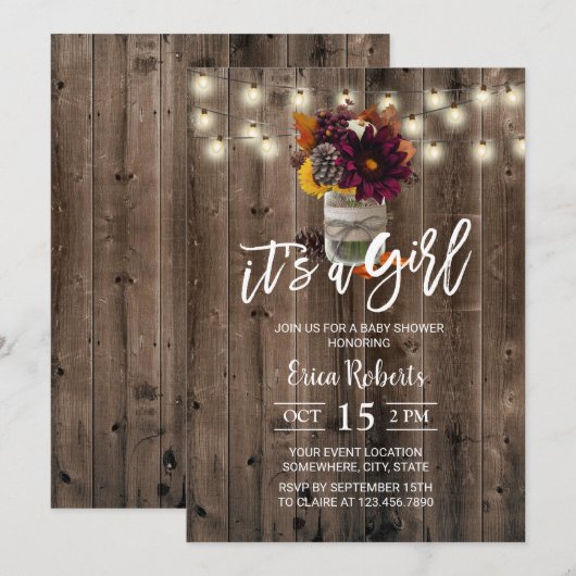 Rustic Autumn Floral Jar Barn Girl Baby shower Kaart (Voorkant / Achterkant)