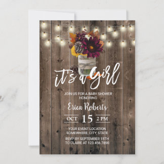 Rustic Autumn Floral Jar Barn Girl Baby shower Kaart