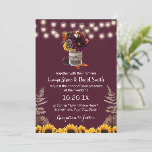 Rustic Autumn Floral Jar Burgundy Fall Wedding Kaart (Staand voorkant)