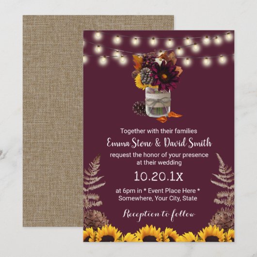 Rustic Autumn Floral Jar Burgundy Fall Wedding Kaart (Voorkant / Achterkant)