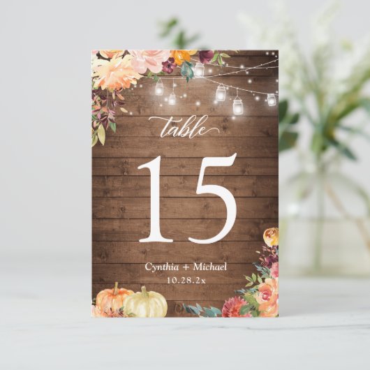 Rustic Autumn Floral Lights Wedding Table Number RSVP Kaartje (Staand voorkant)