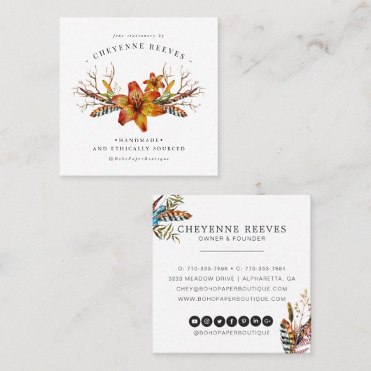 Rustic Autumn Floral | Logo Waterverf Vierkante Visitekaartje (Voorkant / Achterkant)