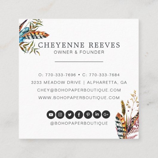 Rustic Autumn Floral | Logo Waterverf Vierkante Visitekaartje (Achterkant)