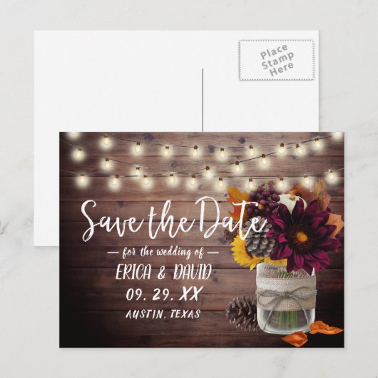 Rustic Autumn Floral Mason Jar Barn Save the Date Aankondigingskaart (Voorkant / Achterkant)