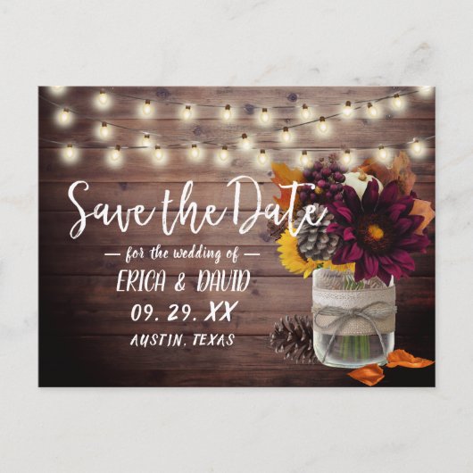 Rustic Autumn Floral Mason Jar Barn Save the Date Aankondigingskaart (Voorkant)