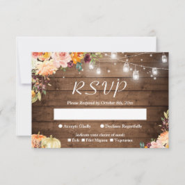 Rustic Autumn Floral Mason Jar Lights Wedding RSVP Kaartje